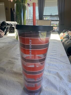 Starbucks Orange and Black Striped Reusable Tumbler with Straw new!!!